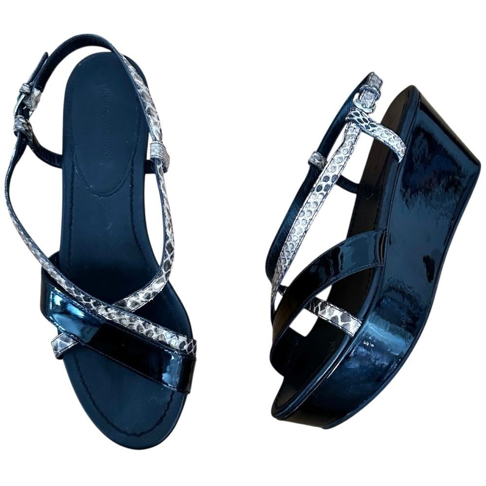 Giorgio Armani Snakeskin Patent Platform Slingback Wedge Sandals Size 39.5 9 - Picture 12 of 12